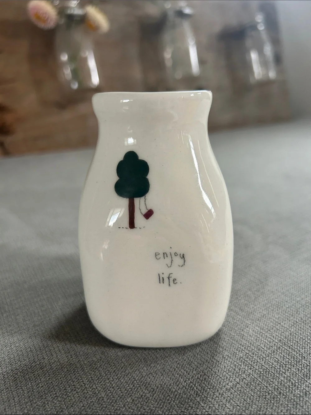 Enjoy Life White Ceramic Decorative Bud Vase with Tree Motif